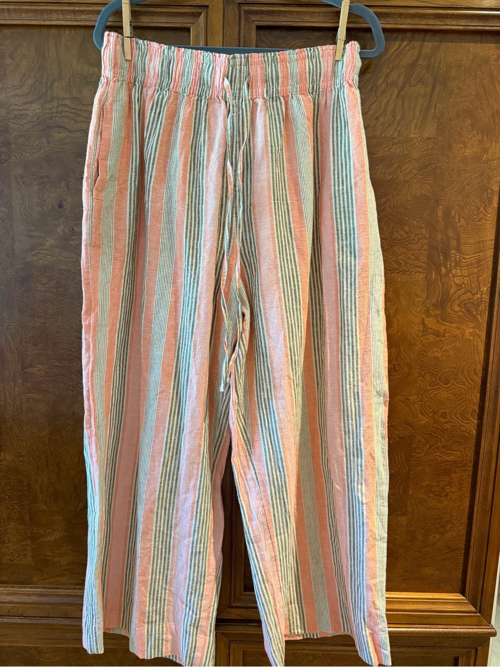 Striped Pink & Green Casual Linen Pants with pockets